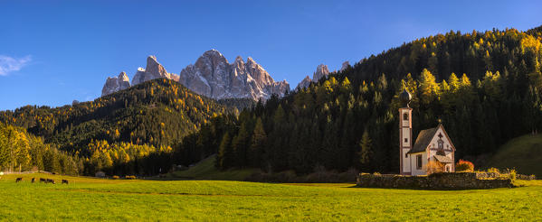 St. Johann in Ranui, Val di Funes, Trentino Alto Adige, Italy. The iconic church in the Funes valley.