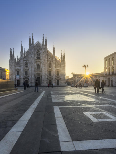 Cathedral Square, Milan, Lombardy, Italy. The Milan Cathedral at dawn