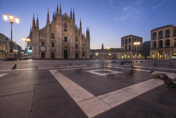 Cathedral Square, Milan, Lombardy, Italy. The Milan Cathedral at dawn