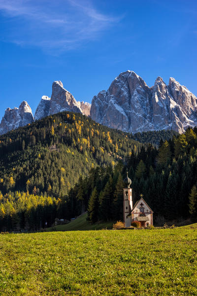 St. Johann in Ranui, Val di Funes, Trentino Alto Adige, Italy. The iconic church in the Funes valley.