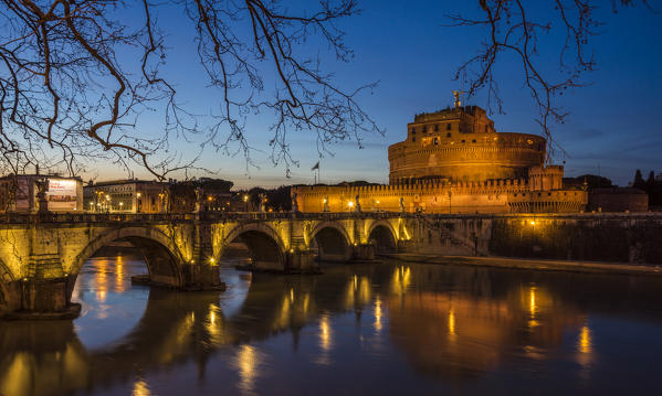 Rome, Lazio, Italy. Castle St. Angelo in the blue hour