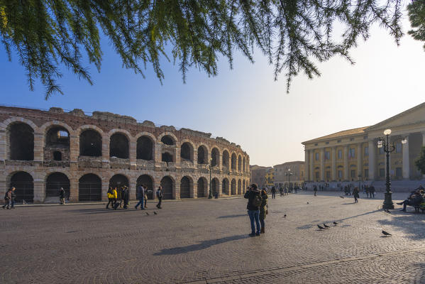 Verona, Veneto, Italy. PIazza Brà with Verona Arena and the Palazzo della Gran Guardia