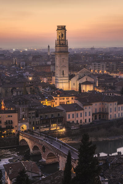 Verona, Veneto, Italy. Panoramic view of Verona with Ponte Pietra and the Cathedral of Santa Maria Matricolare