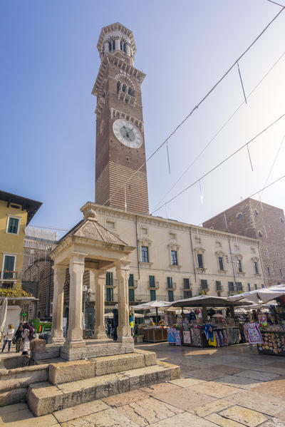 Verona, Veneto, Italy. Piazza delle Erbe with Torre dei Lamberti on the background
