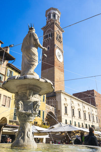 Verona, Veneto, Italy. Piazza delle Erbe with Torre dei Lamberti on the background