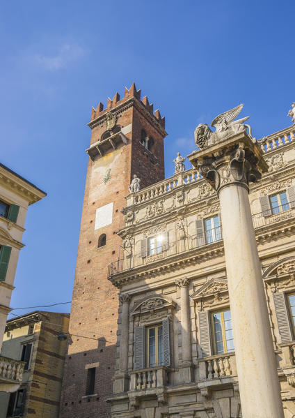 Verona, Veneto, Italy. Piazza delle Erbe with the hystoric Lion Of Venice 