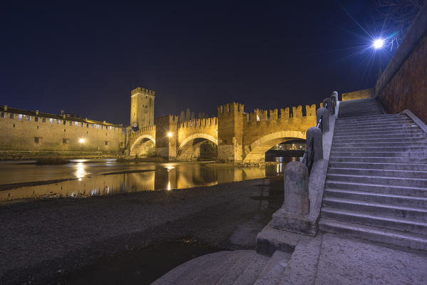 Verona, Italy, Europe. Ponte di Castelvecchio by night