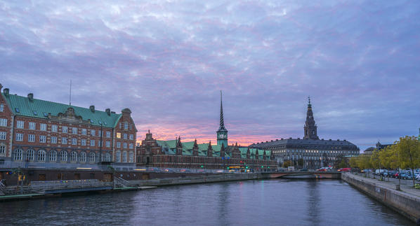 Copenhagen, Hovedstaden, Denmark, Northern Europe. The Platz of the Christiansborg Palace, venue of the Danish Parliament Folketinget, the Supreme Court, and the Ministry of State after the sunset.
