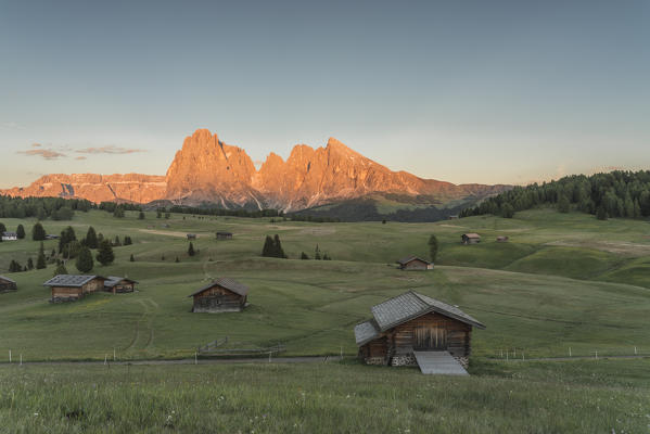 Alpe di Siusi/Seiser Alm, Dolomites, South Tyrol, Italy. Sunset on the Alpe di Siusi