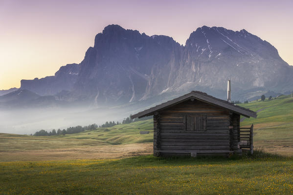 Alpe di Siusi/Seiser Alm, Dolomites, South Tyrol, Italy. Sunrise on the Alpe di Siusi