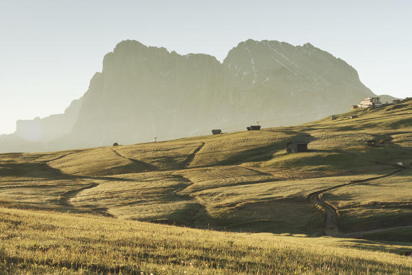 Alpe di Siusi/Seiser Alm, Dolomites, South Tyrol, Italy. Sunrise on the Alpe di Siusi