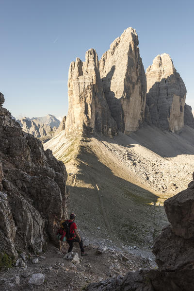 Sesto/Sexten, Dolomites, South Tyrol, province of Bolzano, Italy. An hiker on the 