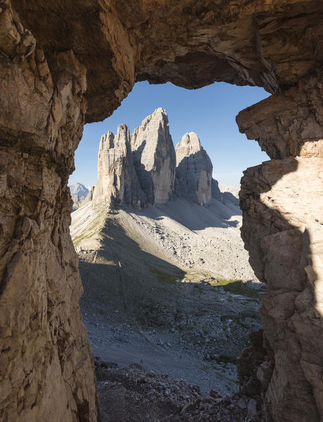 Sesto/Sexten, Dolomites, South Tyrol, province of Bolzano, Italy. The Tre Cime di Lavaredo/Drei Zinnen through a rock window from the First World War