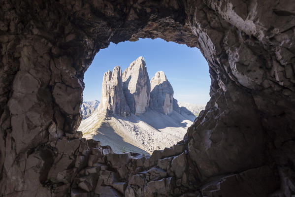 Sesto/Sexten, Dolomites, South Tyrol, province of Bolzano, Italy. The Tre Cime di Lavaredo/Drei Zinnen through a rock window from the First World War