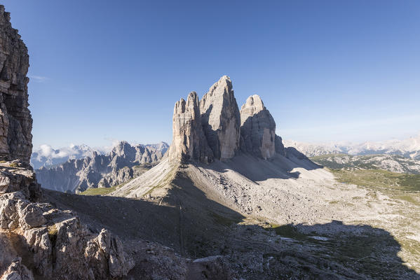 Sesto/Sexten, Dolomites, South Tyrol, province of Bolzano, Italy. The Tre Cime di Lavaredo/Drei Zinnen sen from Forcella Passaporto
