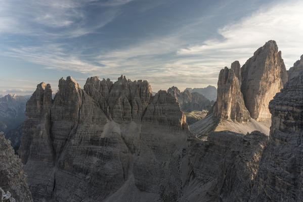Sesto/Sexten, Dolomites, South Tyrol, province of Bolzano, Italy. View from a recovery of the First World War on Tre Cime/Drei Zinner and Croda Passaporto