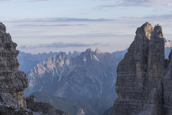Sesto/Sexten, Dolomites, South Tyrol, province of Bolzano, Italy. View from a recovery of the First World War on the Cadini of Misurina