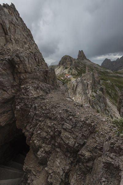 Sesto/Sexten, Dolomites, South Tyrol, province of Bolzano, Italy. View of the Ref. Locatelli, Laghi dei Piani and Torre di Toblin from the 