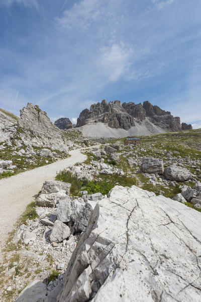 Sesto/Sexten, Dolomites, South Tyrol, province of Bolzano, Italy. The Refuge Lavaredo near by Forcella Lavaredo
