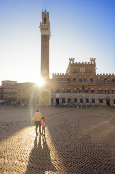 Siena, Tuscany, Italy, Europe. View of Piazza del Campo with the historical Palazzo Pubblico and its Torre del Mangia at dawn.