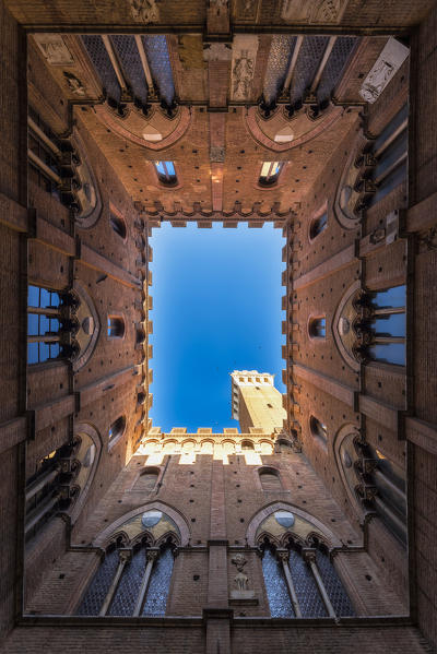 Siena, Tuscany, Italy, Europe. Classic bottom view of Palazzo Pubblico with Del Mangia's Tower at dawn.