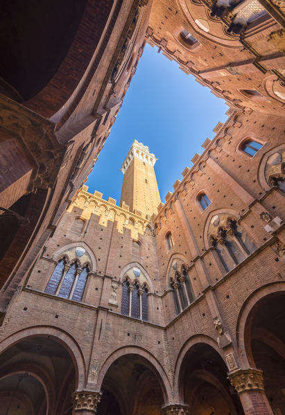 Siena, Tuscany, Italy, Europe. Classic bottom view of Palazzo Pubblico with Del Mangia's Tower at dawn.