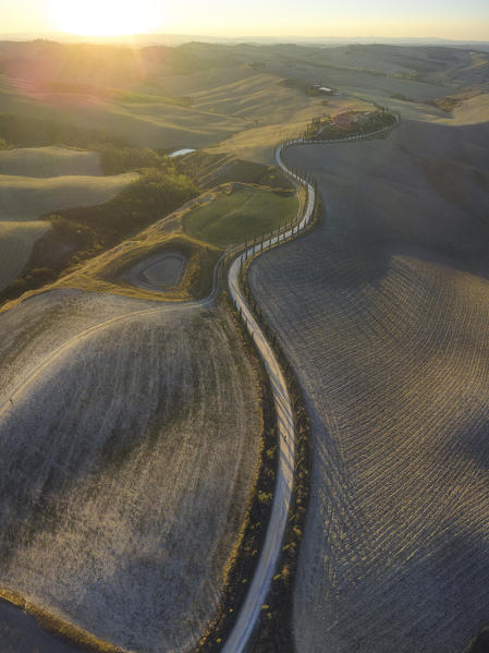 Podere Baccoleno, Asciano, Crete senesi, Tuscany, Italy. Aerial view of the iconic Podere Baccoleno