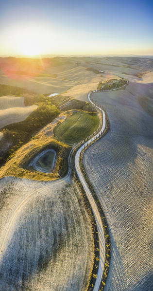 Podere Baccoleno, Asciano, Crete senesi, Tuscany, Italy. Aerial view of the iconic Podere Baccoleno
