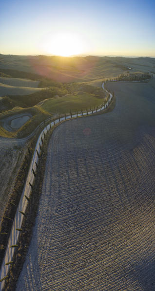 Podere Baccoleno, Asciano, Crete senesi, Tuscany, Italy. Aerial view of the iconic Podere Baccoleno