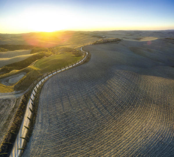 Podere Baccoleno, Asciano, Crete senesi, Tuscany, Italy. Aerial view of the iconic Podere Baccoleno