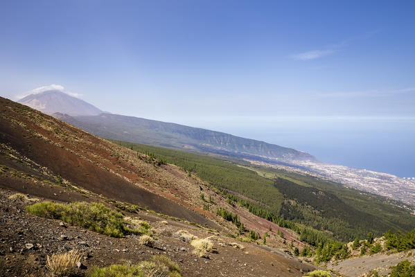 Spain,Canary Islands,Tenerife,Teide National Park,view of 
Pico del Teide and Puerto de La Cruz