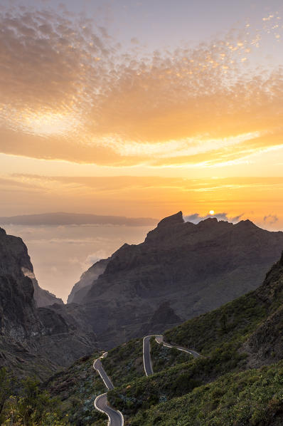 Spain,Canary Islands,Tenerife,Teno massif and in the background the island of La Gomera at sunset