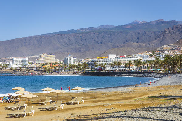 Spain,Canary Islands,Tenerife,Santa Cruz de Tenerife,view of  Playa de Las Americas and Peak of Teide