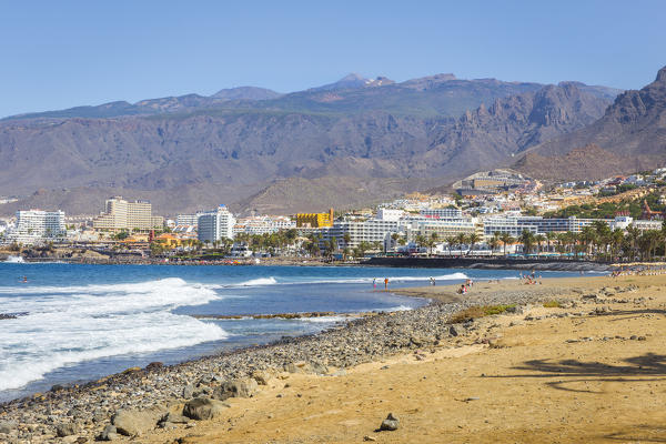 Spain,Canary Islands,Tenerife,Santa Cruz de Tenerife,view of  Playa de Las Americas and Peak of Teide