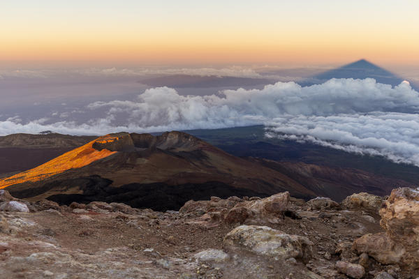 Spain,Canary Islands,Tenerife,Pico de Teide,the Teide shadow cast on the sea at dawn