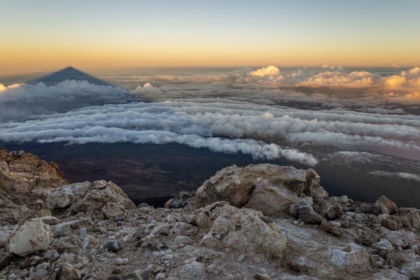 Spain,Canary Islands,Tenerife,Pico de Teide,the Teide shadow cast on the sea at dawn