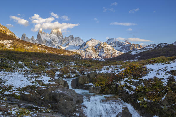 Argentina,Patagonia,Santa Cruz Province,Los Glaciares National Park,waterfall on Arroyo del Salto and Mount Fitz Roy