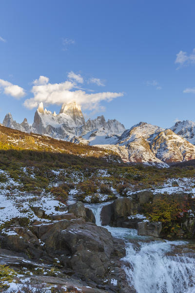 Argentina,Patagonia,Santa Cruz Province,Los Glaciares National Park,waterfall on Arroyo del Salto and Mount Fitz Roy