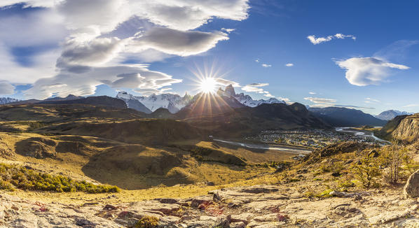 Argentina,Patagonia,Santa Cruz Province,Los Glaciares National Park,view from Mirador de los Condores of Mount Fitz Roy,Cerro Torre and El Chalten at sunset