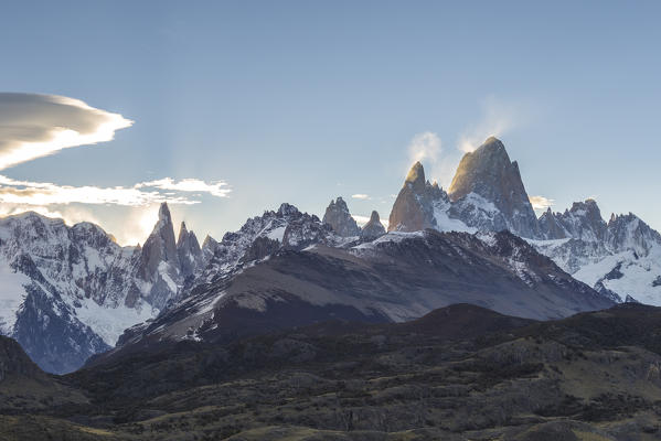Argentina,Patagonia,Santa Cruz Province,Los Glaciares National Park,view from Mirador de los Condores of Mount Fitz Roy and Cerro Torre at sunset