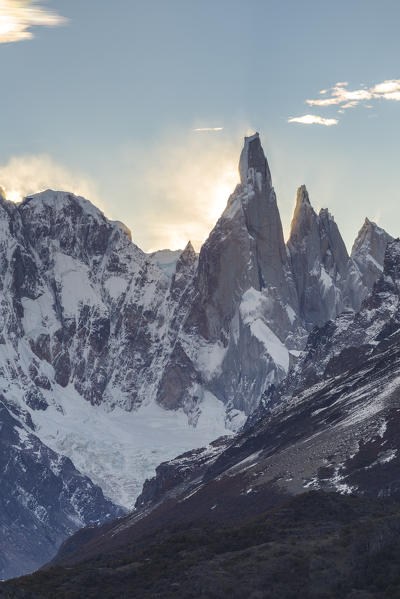 Argentina,Patagonia,Santa Cruz Province,Los Glaciares National Park,view from Mirador de los Condores of Cerro torre at sunset