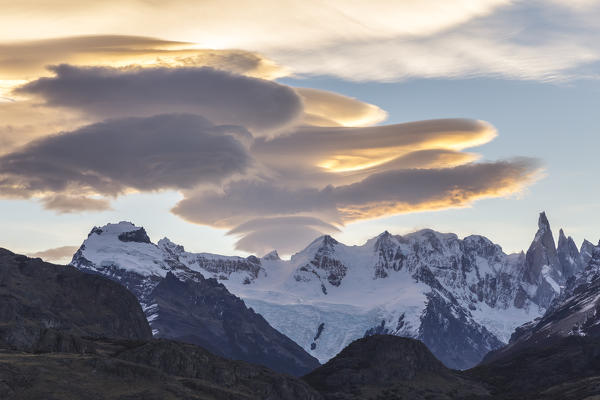 Argentina,Patagonia,Santa Cruz Province,Los Glaciares National Park,view from Mirador de los Condores of Cerro Torre mountain range at sunset