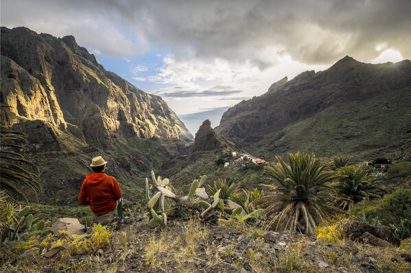 Spain,Canary Islands,Tenerife,hiker admires Teno massif and Masca gorge at sunset (MR)
