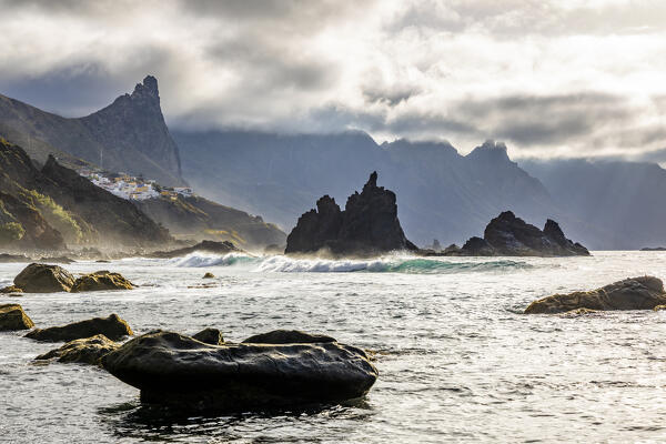 Spain,Canary Islands,Tenerife,Anaga Rural Park,Playa de Benijo,Roque de la Rapadura