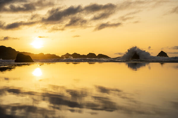 Spain,Canary Islands,Tenerife,Anaga Rural Park,Playa de Benijo at sunset