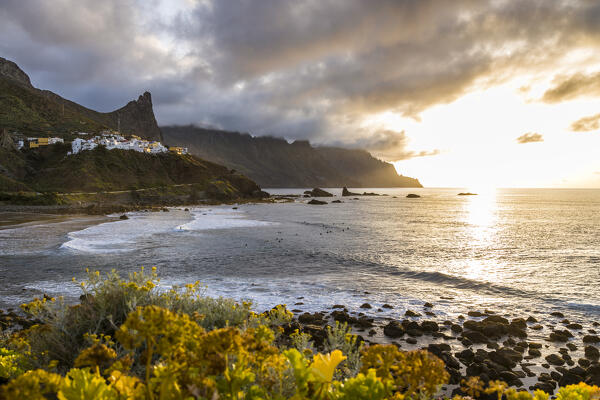 Spain,Canary Islands,Tenerife,Anaga Rural Park,Almaciga at sunset