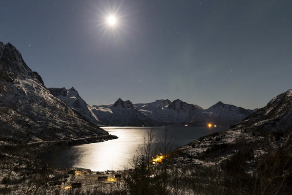 Full moon above Mefjordbotn,Berg,Senja,Norway,Europe