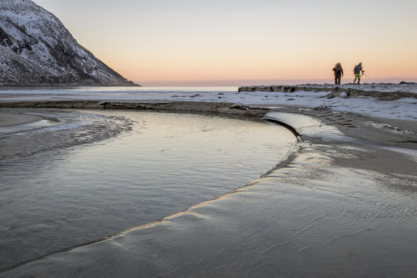 The beach of Ersfjord  at dawn,Berg,Senja,Norway,Europe