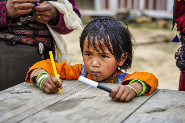 Child plays with colored pens,Rasuwa district, Bagmati region,Nepal,Asia