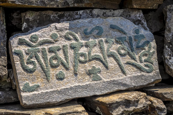 Buddhist prayers carved in stone,Rasuwa district, Bagmati region,Nepal,Asia